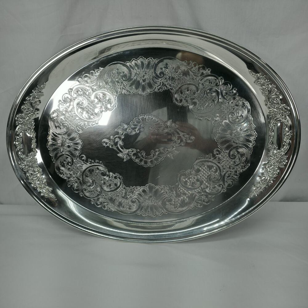 Vintage Oneida USA Silverplate Oval Serving Tray Ornate Baroque Handles Platter